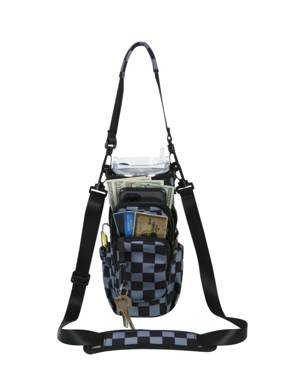 NWT Emmafy Sippy The Hands Free Bottle Sling Crossbody Checkered Gray/Black $40